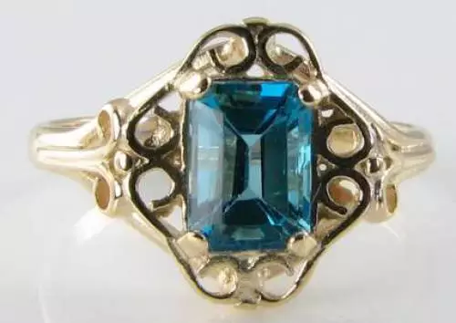 9Ct 9K Gold Swiss Blue Topaz Victorian Ins Solitaire Ring Free Resize