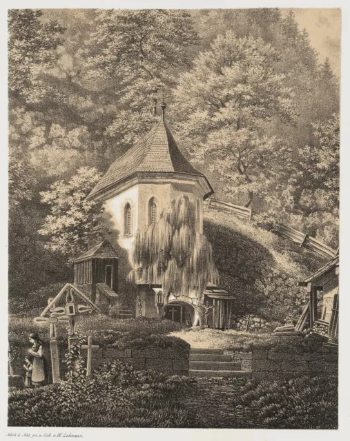 W. LEHMANN (19.Jhd), Kapelle auf dem Friedhof Hallstatt, um 1855, Lith.