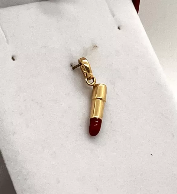 New 14K Solid Yellow Gold Lipstick Red Enamel Charm Pendant