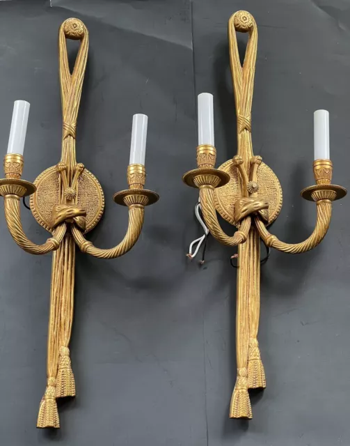 PAIR Vintage French Gold Gilt Rope Tassel Wall Sconce 2 Light Louis XVI Style 24 2