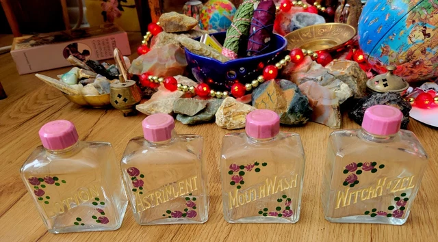Lot Of 4 Vtg Glass Apothecary Bottles Painted  Witch Hazel Astringent etc