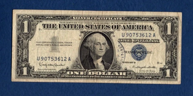 1957B Silver Certificate One Dollar Bill $1 Blue Seal Avg Circulated U90753612A