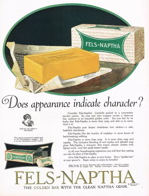 1920s BIG Vintage Fels Naptha Soap Retro Laundry Decor Color Art Deco Print Ad