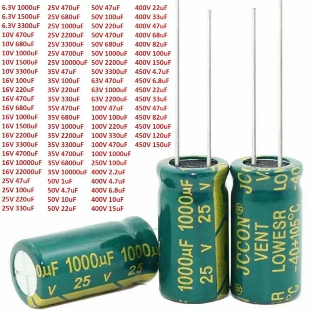 Radial Aluminium Electrolytic Capacitors Range of 6.3V -450V 1uF -22000uF 105°C