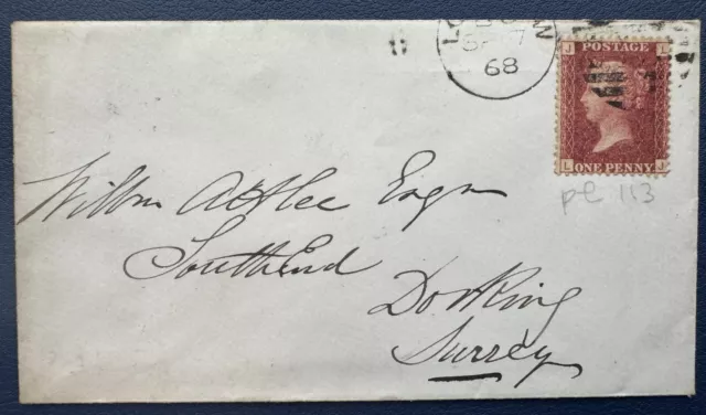 GB Queen Victoria 1868 Envelope - 1d Red SG43 Plate 113 to Dorking, Surrey