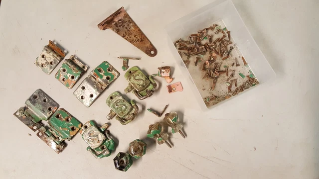 Sellers Hoosier kitchen cabinet original hardware hinges S latches glass knobs