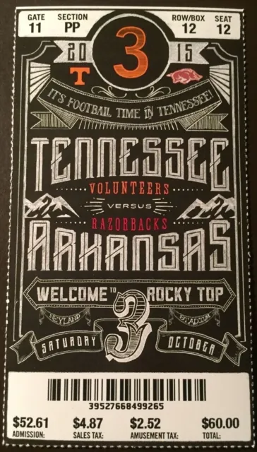 Tennessee Volunteers 2015 NCAA football ticket stub vs Arkansas Razorbacks