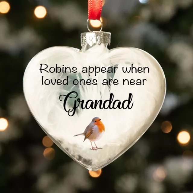 Personalised Robins Appear Memorial Glass Heart Bauble Christmas Tree Decoration