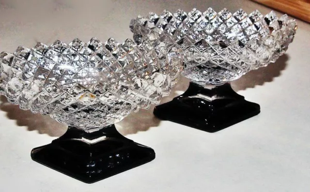 vtg Salt Dishes 2 Westmoreland Pedestal Black Glass Base Crystal