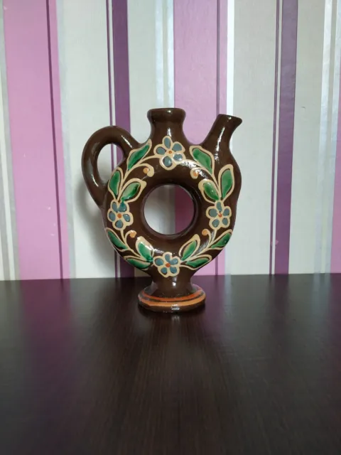 Vintage Ukrainian Handmade Pottery Ceramic Glaze floral jug decanter kettle 70s