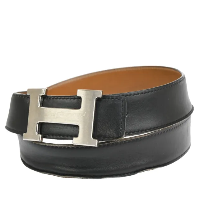 HERMES H Logo Constance Reversible Buckle Belt #90 Leather ▢L Black SHW 30FA379