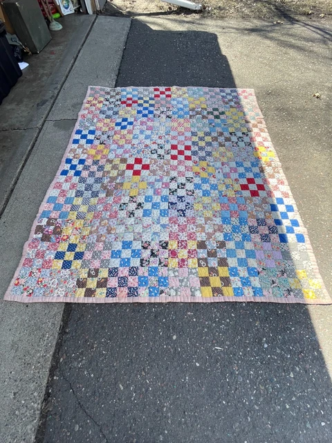 Vintage Antique Patchwork Handmade Quilt Bedspread Hand Sewn Geometric Pattern