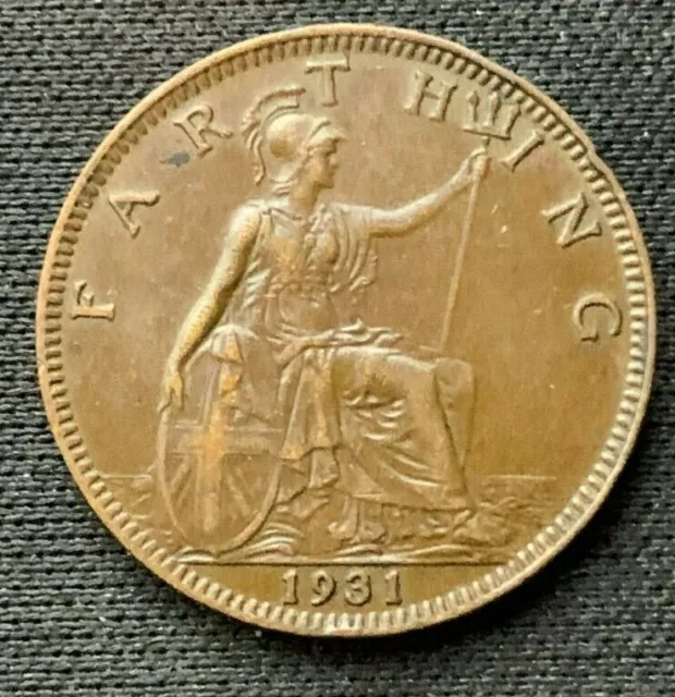 1931 Great Britain Farthing Coin AU      Bronze World Coin     #C373