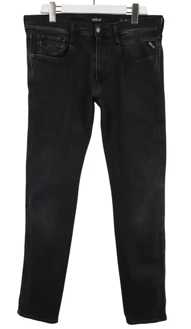 REPLAY ANBASS JEANS Men's W36 Washed Black Slim Fit Zip Fly