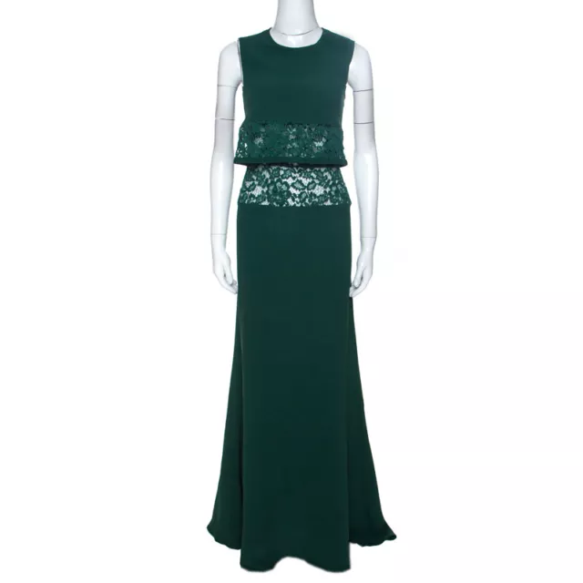Elie Saab Green Crepe Lace Insert Sleeveless Maxi Dress XS