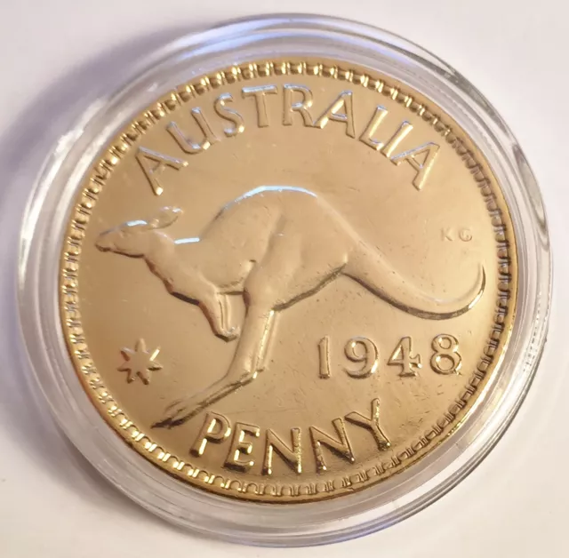 1948 Circulated Australian Penny Coin 999 24k Gold HGE in Acrylic Capsule. KG V1