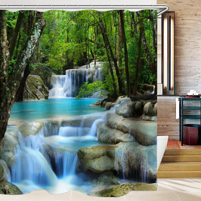 3D Waterproof Bathroom Shower Curtain Waterfall Nature Scenery Decor W/ 12 Hooks