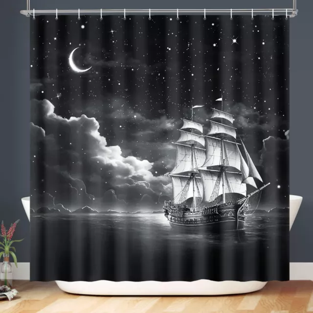 Nautical Sailboat Shower Curtain, Marine Theme Sea Ocean Coastal Pirate Ship ...