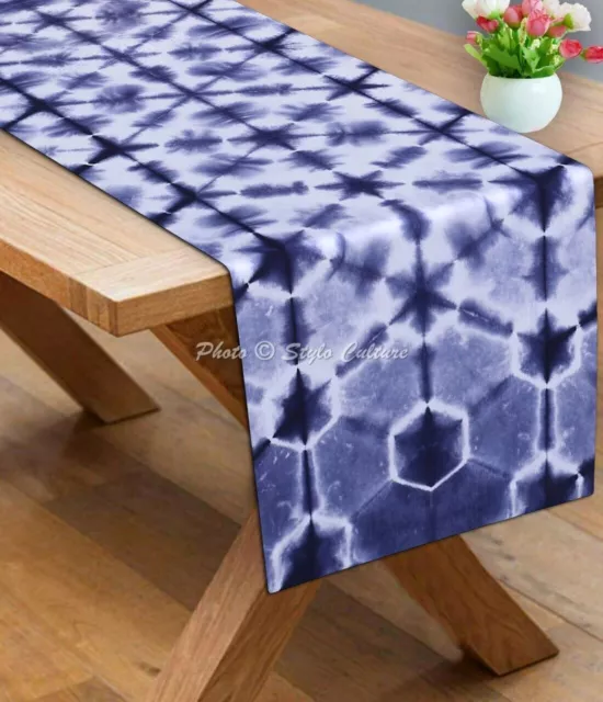 Chemin de table en coton bohème Shibori bleu géométrique longue nappe Boho...