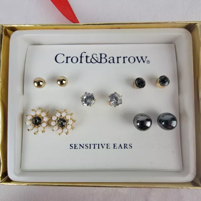 Earrings Croft and Barrow Sensitive Ears Gold Black Flower Stud White Set 5 Pair