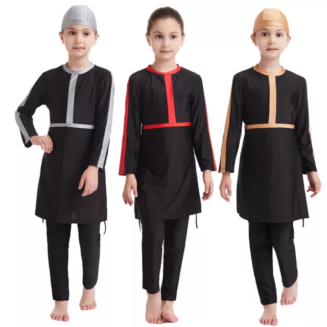 3PCS Muslim Girls Kids Swimwear Modest Burkini Islamic Swimsuit Bathing Suit Set