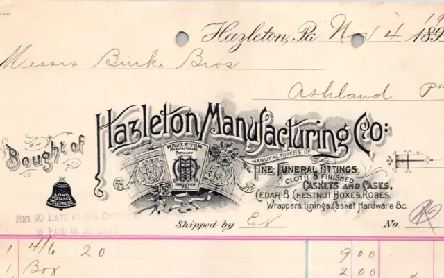 Hazleton Manufacturing Co Hazleton PA  1901 Billhead Funeral Caskets & Cases