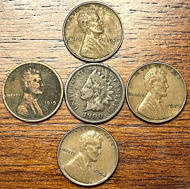 1900 Indian Head Cent Plus 1919 1945 1953 D 1939 1954 (5)