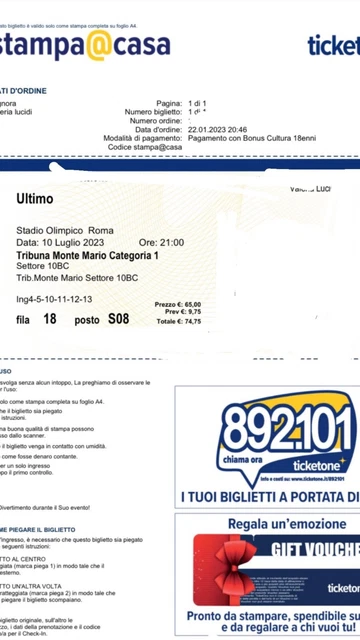 Biglietto Concerto Ultimo Roma 10.07.23 