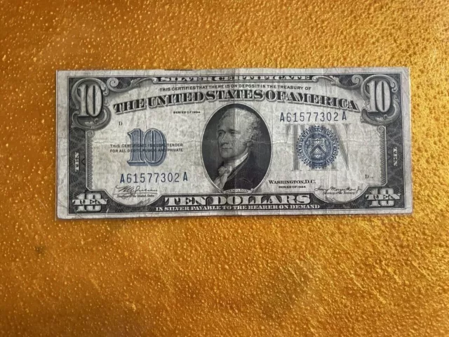 1934 Silver Certificate,$10 Blue Seal-A Series Highly Collectable # A61577320A