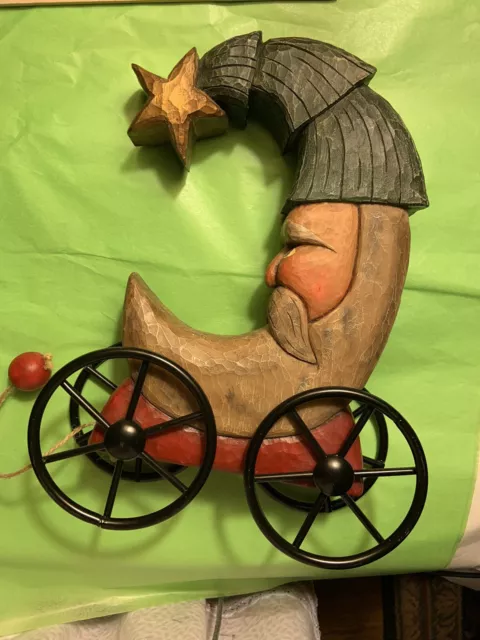 1998 Lori Miller Whispering Pines Santa On Wheels  W/pull Cord 11.5" Folk Art