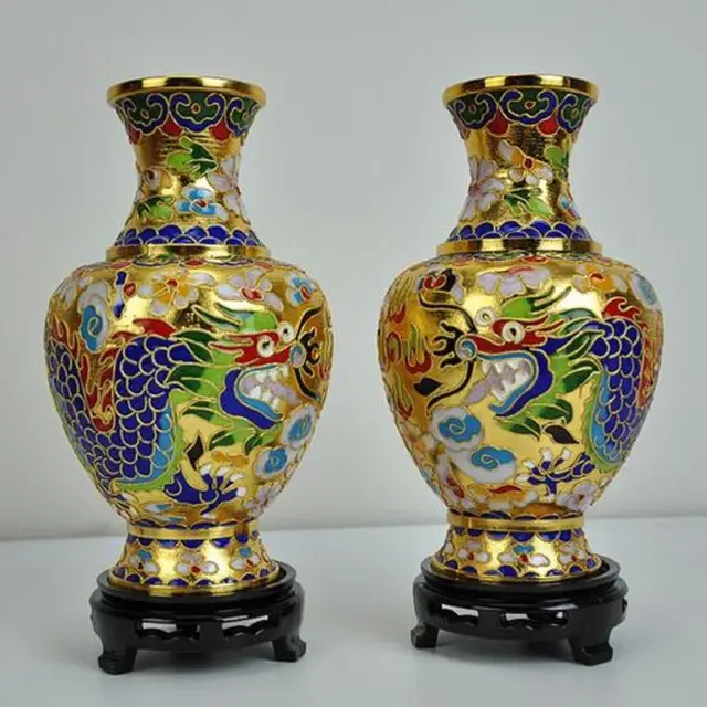 8" A Pair China Cloisonne Carve Dragon Phoenix Flower Bottle Decor Vase