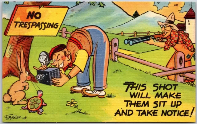 Man Taking Pictures on Animals "No Tresspassing" Shotgun Comic Card Postcard