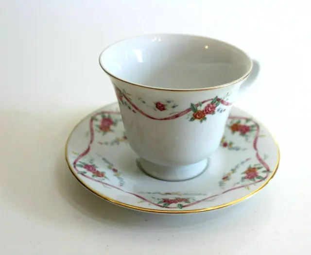 Vintage Teleflora Porcelain China Teacup Saucer Set Pink Orange Rose Blue Floral