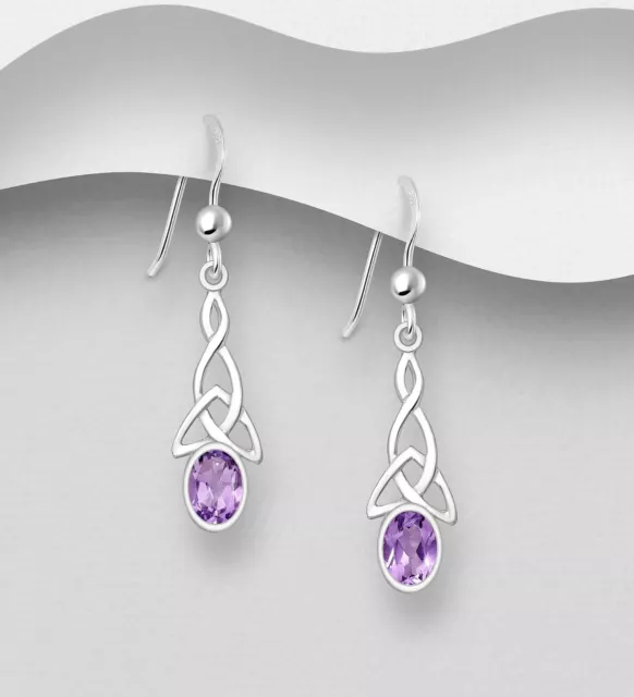 Dainty Hook Dangle Earrings 925 Sterling Silver Celtic with Amethyst Gemstone