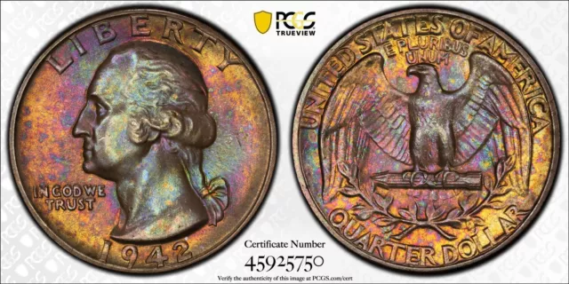 (TP#18) MONSTER TONED 1942-P PCGS MS65 Washington Quarter 25c