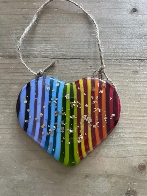 Rainbow Fused Glass Glitter Heart Window Decoration. Hand Made Art. Suncatcher