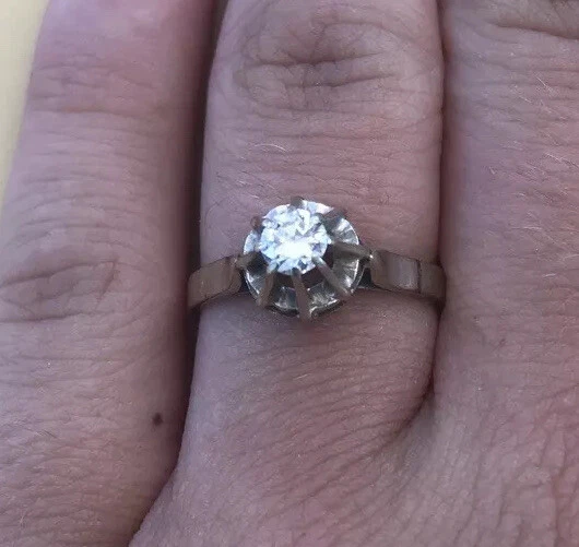 Bague Solitaire Or Jaune 18k Avec Diamant 0.07 Ct - Taille 54 - Vintage - Occasion
