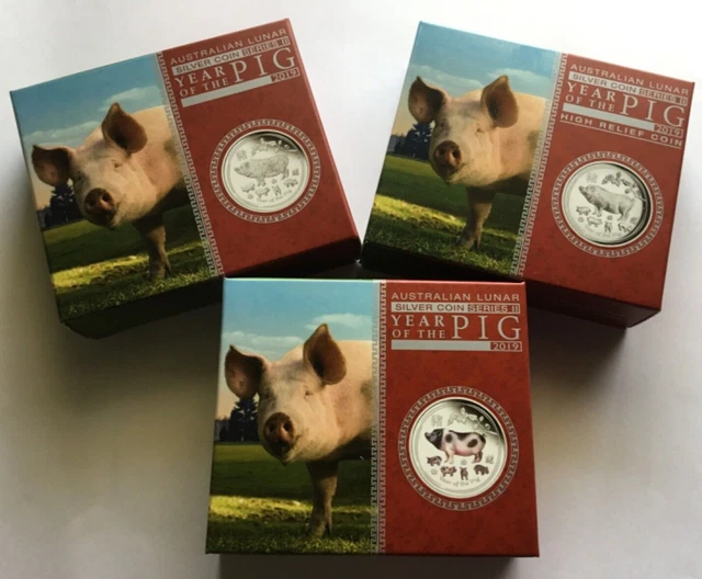 2019 Year of Pig 3 x 1oz 9999 Silver 3 Coin Bundle Proof High Relief Coloured