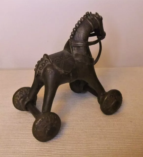 Antiguo Caballo De Juguete De Bronce De La India 3