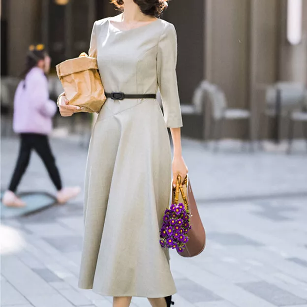 New French Women Retro Fashion Dress Swing Ladies Midi Elegant Workwear Leisure