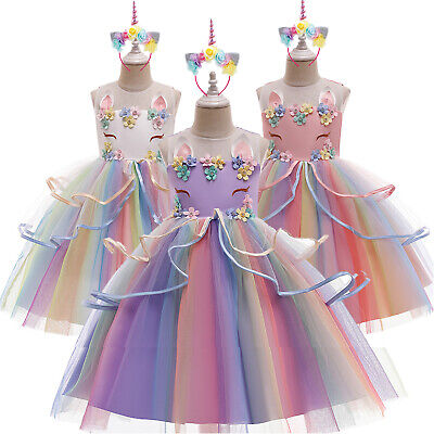 Bambine Unicorno Costume Cosplay Fancy Dress Up Party Princess Vestito Fascia Per Capelli