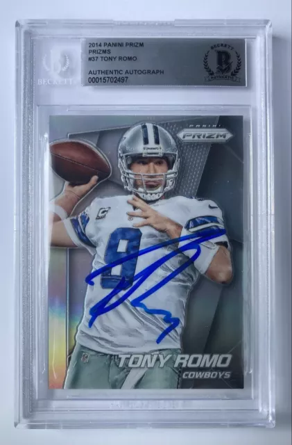 Tony Romo Signed 2014 Panini Prizm Silver Prizms #37 BAS Slabbed Autograph Card