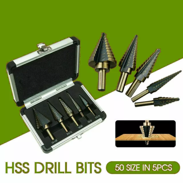 5PCS HSS Step Steel Cone Drill Titanium Bits Set Kit Hole Cutter + Aluminum Case