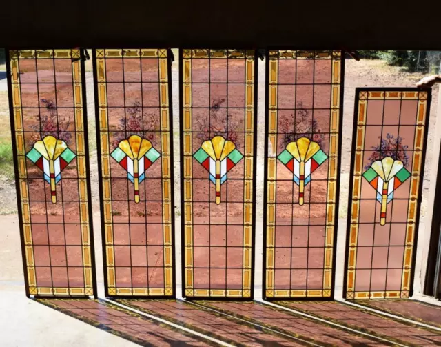 Set of 5 Antique Stained/Leaded Glass Panels with Hand Painted Flowers