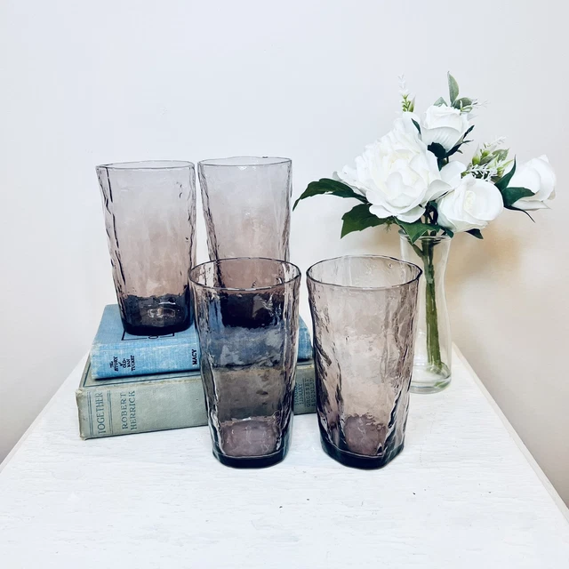 Vintage Set Of 4 Morgantown Seneca Purple Amethyst Crinkle Driftwood Tumblers