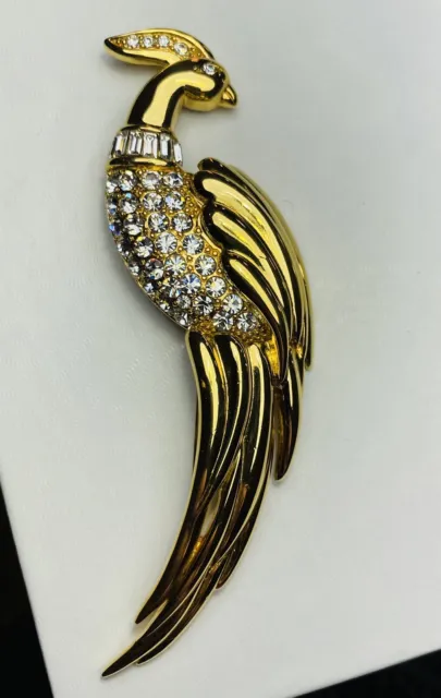 Vintage MONET Signed 1970s Gold Tone & Clear Crystal Rhinestone BIRD brooch Pin