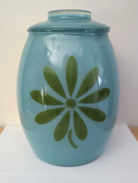 1960s Bartlett Collins Cookie Jar Turquoise Blue Glass •  Green Daisy Flower
