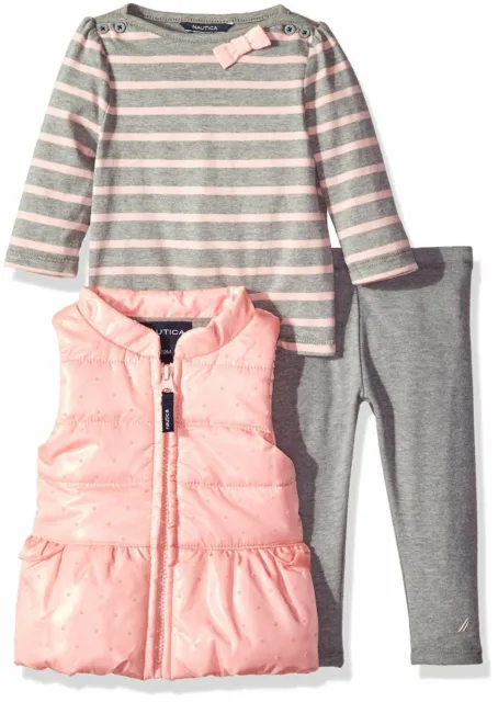 Nautica Baby Girls' Puffy Vest, Striped Shirt and Jegging (12M-24M) MSRP $69.50