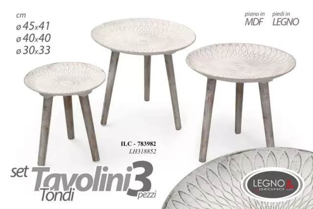 Set 3 Tavolini Tavolo Piedi Legno Salotto Giardino Anticati Classico Ø45-40-30