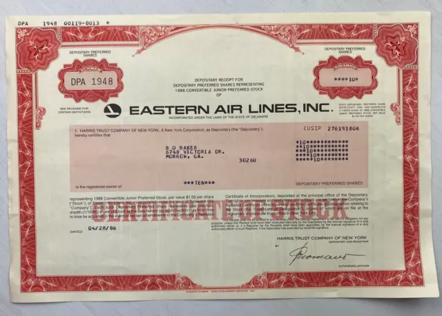 Eastern Air Lines Issued 10 Shares Stock Certificate Non Negotiable Rare